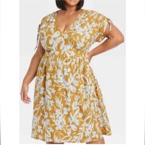Ava & Viv Midi Gold Floral Short Sleeve Drawstring Shoulder Elastic Waist Dress